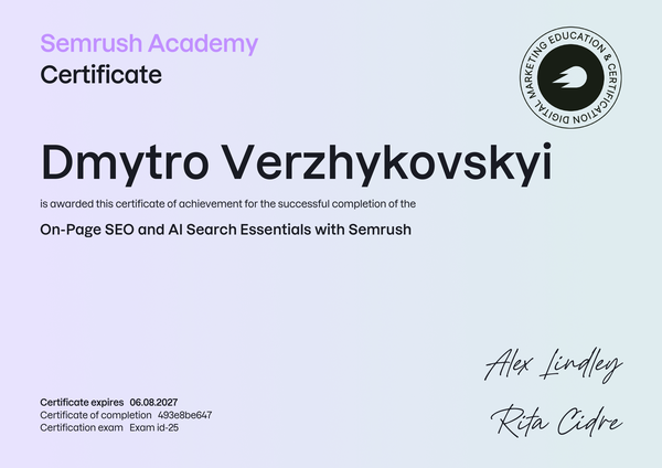 On-Page SEO and AI Search Essentials certificate issued to Dmytro Verzhykovskyi by Semrush Academy